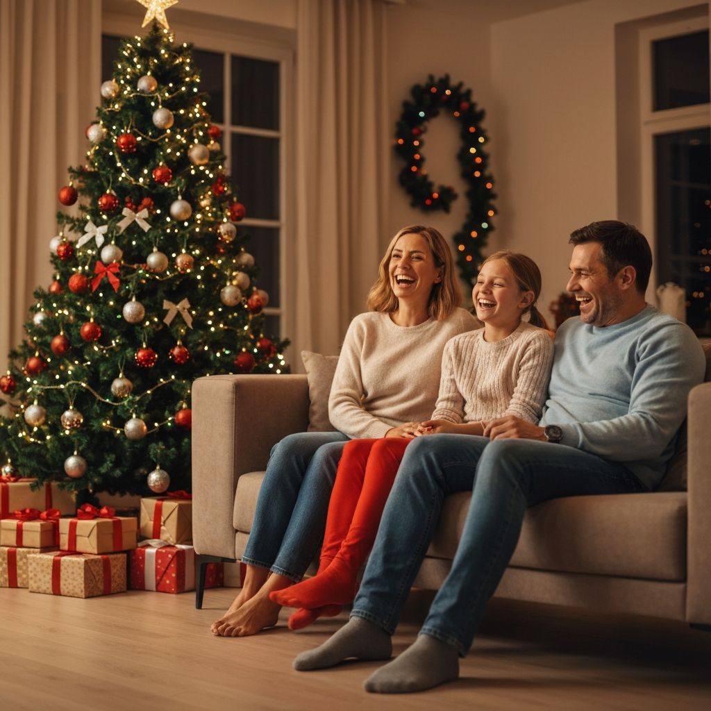 Famiglia felice a Natale con albero decorato e regali